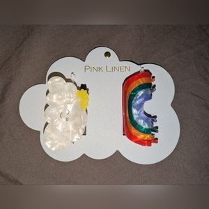 NWOT Set of 2 PINK LINEN Hair Claw Clips Smiley Cloud Rainbow